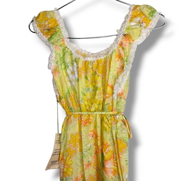 Vtg Ameritex Womens Nightgown Sz Small Maxi Yellow Print Elastic Waist Neck - Picture 5 of 10